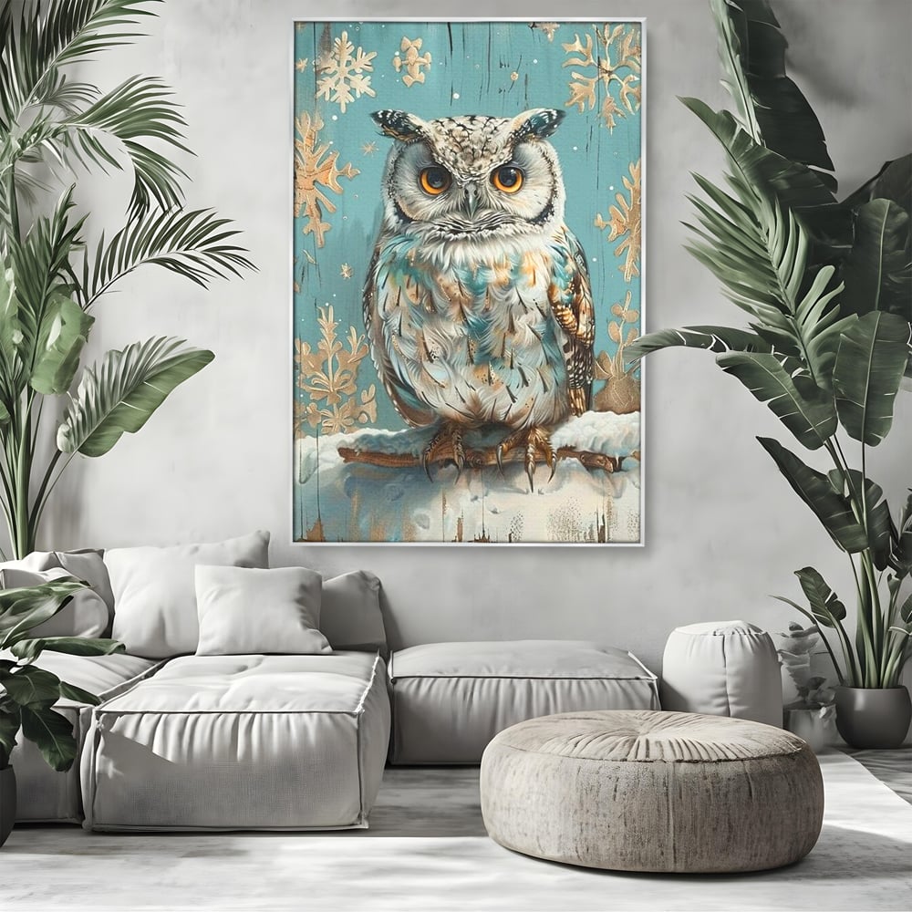 Tablou canvas cu tablou canvas cu bufnita pe ramura inzapezita, in rama de aluminiu argintiu, pe perete intr-un living